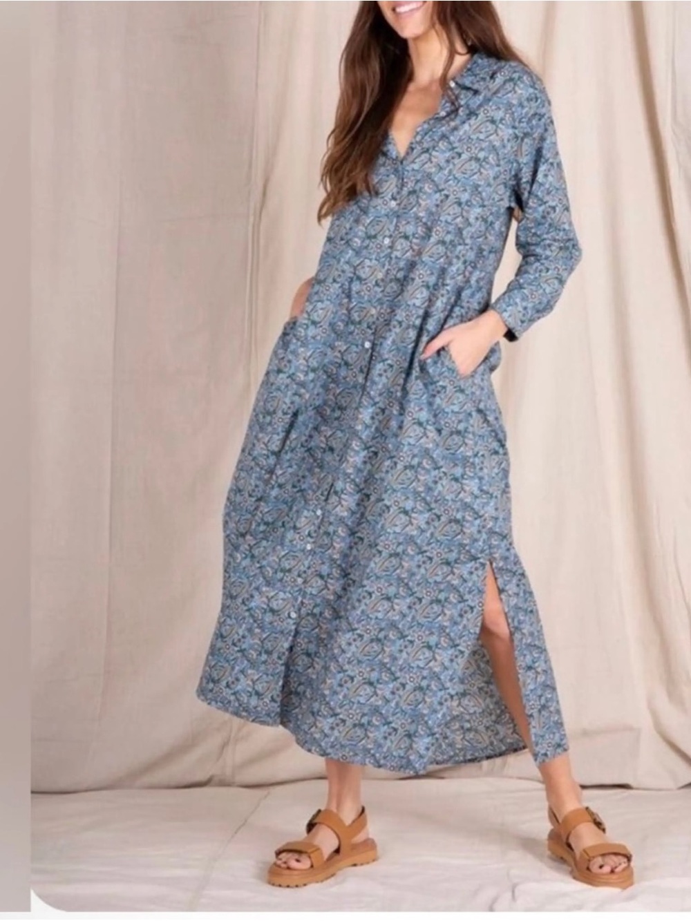 Natural Life 100% Cotton Buttoned Front Floral Blue Lightweight Maxi Dress XS/S